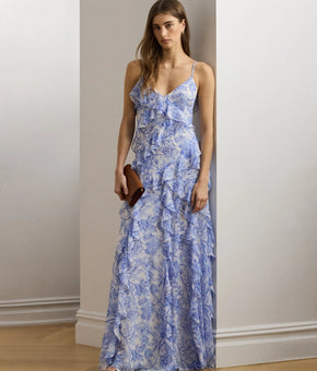 Lauren Ralph Lauren Women's Floral Ruffle-Trim Georgette Gown Blue Size 16 $325