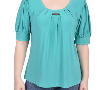NY Collection Women's Petite Short Sleeve Balloon Sleeve Top Green Size PL