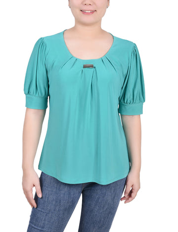 NY Collection Women's Petite Short Sleeve Balloon Sleeve Top Green Size PL