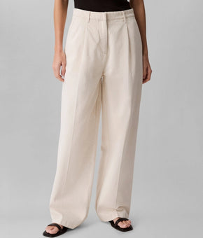 Calvin Klein Cotton-Linen Pleated Wide-Leg Pants Ivory Natural Size 30W MSRP$109