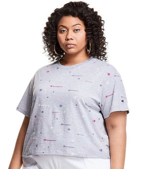 Champion Womens Plus Size 1X Gray Plus Cropped Scatter Logo Athletic Tee Top