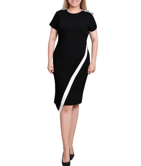 NY Collection Short Sleeve Asymmetrical Hem Dress Black Petite Size PS $52