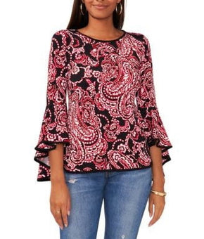 Sam Jess Peacock Bell-Sleeve Top Black Red Paisley L
