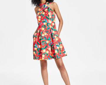 Vince Camuto Women's Printed Halter Fit & Flare Dress Red Size 2 MSRP $148
