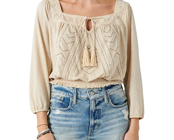 Lucky Brand Women's Beaded Embroidered Peasant Top Beige Size XL MSRP $90