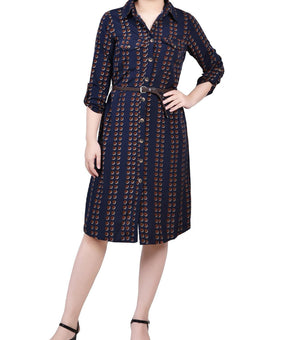 NY Collection Womens Petites Polka Dot Pocket Shirtdress Size PL Brown Navy