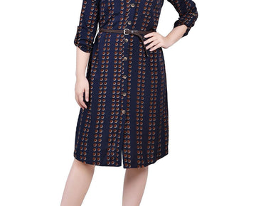 NY Collection Womens Petites Polka Dot Pocket Shirtdress Size PL Brown Navy