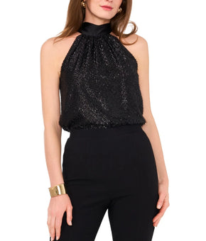 1.STATE Women's Textured Tie-Back Halterneck Top Black Size M MSRP $69