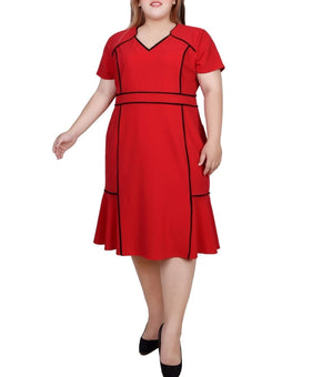 NY Collection Plus Size 2X Short Sleeve Piped Detail Dress Red