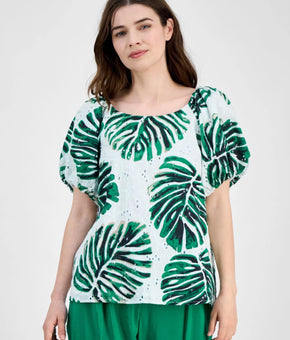 Anne Klein Women 100% Cotton Eyelet-Embroidered Leaf-Print Top Green Size M $99