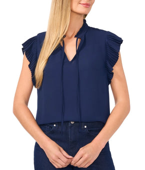 CeCe Women's Pleated Flutter-Sleeve Tie-Neck Blouse Blue Size S MSRP $79