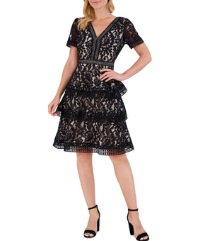 Eliza J Women's Short-Sleeve Ruffled Layered dress Black Size 2 MSRP $188