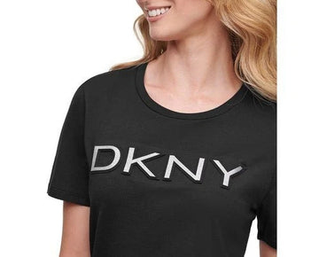 DKNY Glitter Logo T-Shirt Black Silver Logo Size S