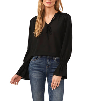 CeCe Women's Long-Sleeve Tie-Neck Ruffle Blouse Black Size S MSRP $79