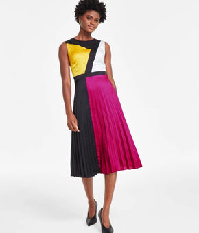 KARL LAGERFELD PARIS Satin Colorblocked Midi Dress Pink Black Size 2 MSRP $158