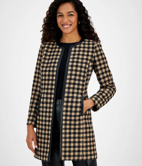 Kasper Petite Plaid Faux-Leather-Trim Open-Front Jacket Black Brown Size14P $159