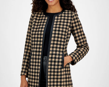 Kasper Petite Plaid Faux-Leather-Trim Open-Front Jacket Black Brown Size14P $159
