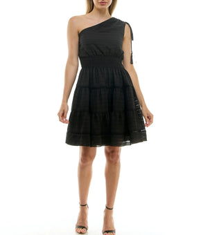 Taylor Women's One-Shoulder Seersucker Fit & Flare Dress Black Size M MSRP $119