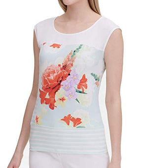 Calvin Klein Women's Extended Shoulder Top Mixed Print, Blue Multi, Size XL