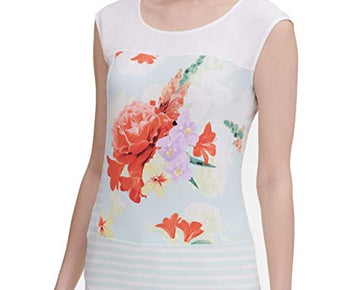 Calvin Klein Women's Extended Shoulder Top Mixed Print, Blue Multi, Size XL