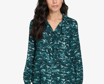 Calvin Klein Womens Printed Ruffle-Trim Button-Front Shirt Green Size M MSRP $79