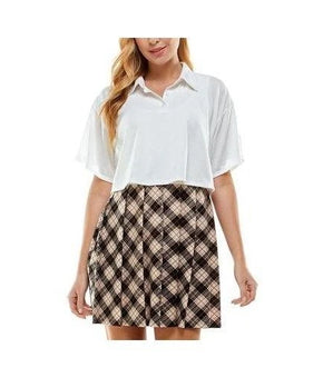 Kingston Grey Shirt Dress Womens Size L White Tan Plaid Collared Casual Stretch