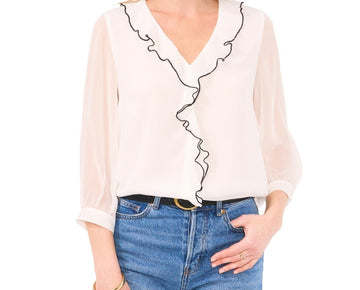Vince Camuto Women's Ruffled Piping 3/4-Sleeve Relaxed Blouse White Size S