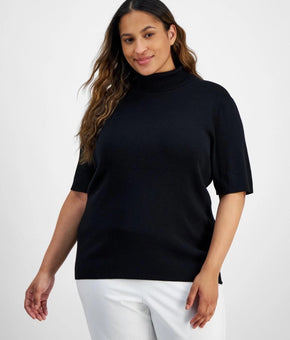 Anne Klein Sweater Womens Plus Size 1X Black Mock Neck Short Sleeve $89