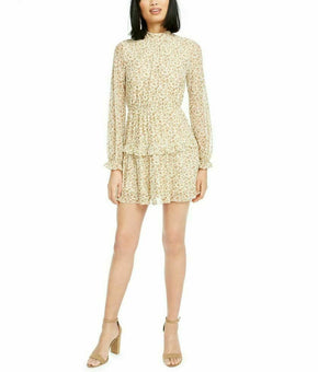 Sadie & Sage Printed Ruffled Mesh Mock-Neck Dress Womens Beige Size L MSRP $79