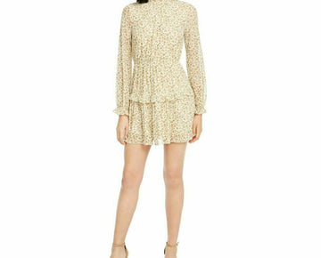 Sadie & Sage Printed Ruffled Mesh Mock-Neck Dress Womens Beige Size L MSRP $79