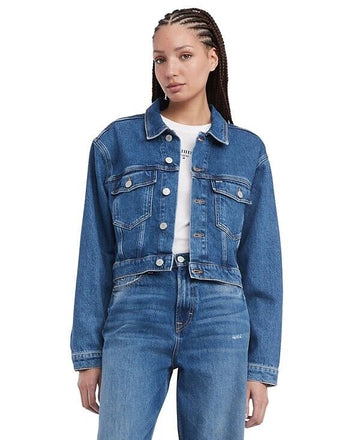 Tommy Jeans Women's Claire Cropped Denim Flag Jacket Blue Size XL MSRP $149