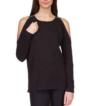 MICHAEL MICHAEL KORS Cold-Shoulder Waffle-Knit Top Black Size XXS MSRP $88