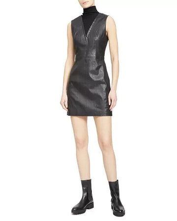 Theory Womens Mix Media Leather Rib Knit Dress Black Size 4 MSRP $795