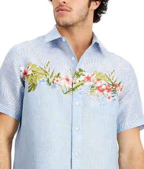 Club Room Men's Blue Regular-Fit Tropical-Print Linen Button Shirt Size S $65
