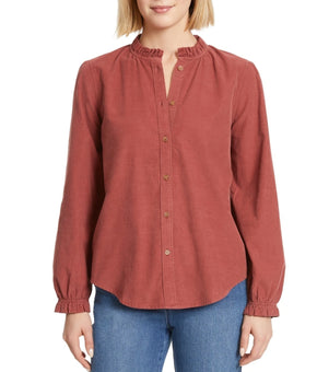 Gloria Vanderbilt Women's Cotton Ruffle-Trim Blouse Brick Brown Size M