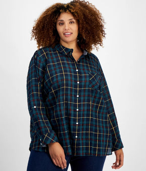 Tommy Hilfiger Plus Size Plaid Button-Front Shirt Green Size 1X MSRP $80