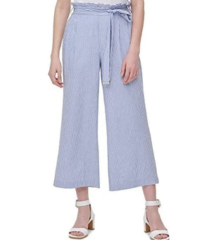 Calvin Klein Wide Leg Pants Blue White Combo US 8-10 Size M MSRP $90 Tie belt