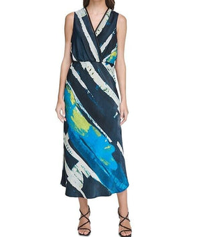 Dkny Printed Satin Maxi Dress BLUE Size 0 MSRP $149