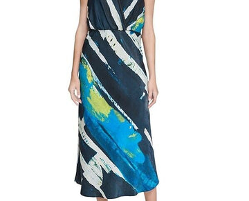 Dkny Printed Satin Maxi Dress BLUE Size 0 MSRP $149