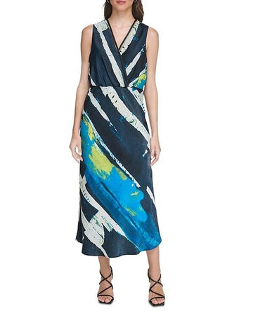 Dkny Printed Satin Maxi Dress BLUE Size 0 MSRP $149