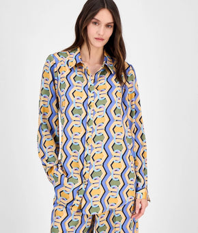Tahari ASL Women's polyester button closures Printed Blouse Blue Size M $89 SALE