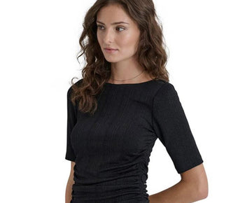 DKNY Women's Round-Neck Short-Sleeve Variegated-Rib Top Black Size XL MSRP $69