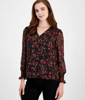 Anne Klein Women Printed V-Neck Long-Sleeve Smocked-Cuff Top Black Size L $89
