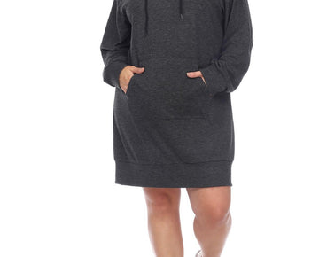 White Mark Hooded Pullover Kangaroo Fleeced Sweatshirt Dress Plus Size 1X Gray