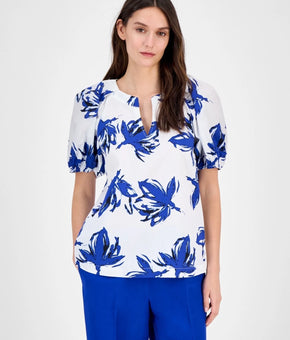 Anne Klein Women's Cotton Printed Puff-Sleeve Blouse Blue White Size XXS $89