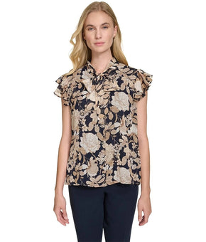 Tommy Hilfiger Women's Garden Floral Flutter-Sleeve Top Navy Beige Size M $69
