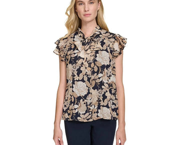Tommy Hilfiger Women's Garden Floral Flutter-Sleeve Top Navy Beige Size M $69