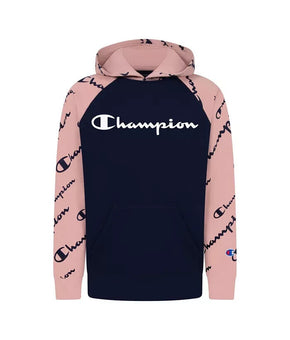 CHAMPION Big Boys Diagonal Script Raglan Fleece Hoodie Size M Navy Blue MSRP $34
