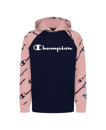 CHAMPION Big Boys Diagonal Script Raglan Fleece Hoodie Size M Navy Blue MSRP $34