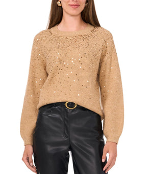 Vince Camuto Crewneck Sequined Raglan-Sleeve Sweater Latte Brown Size L MSRP $69